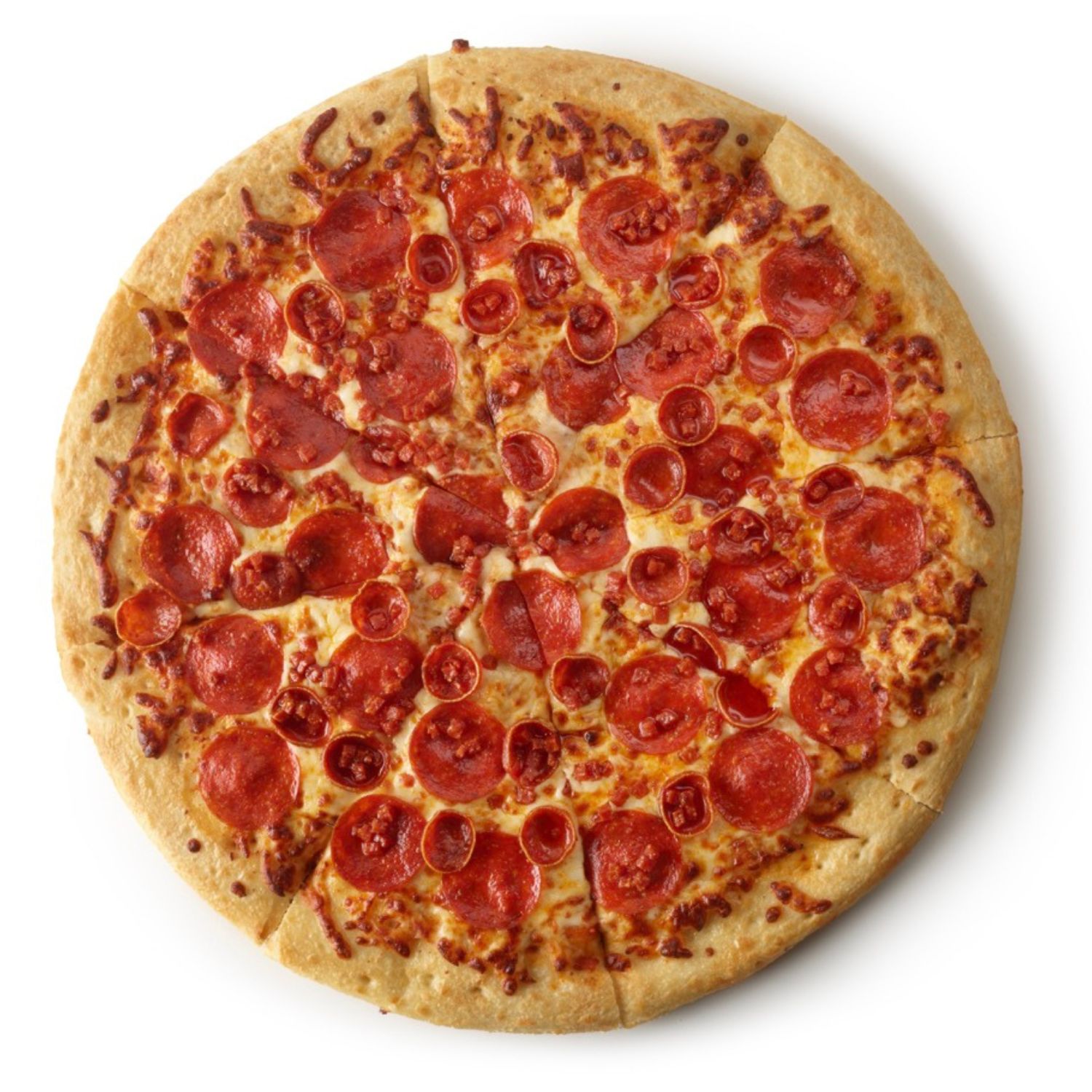 Top-down view of a three-meat pizza topped with pepperoni, sausage, bacon, and melted cheese.