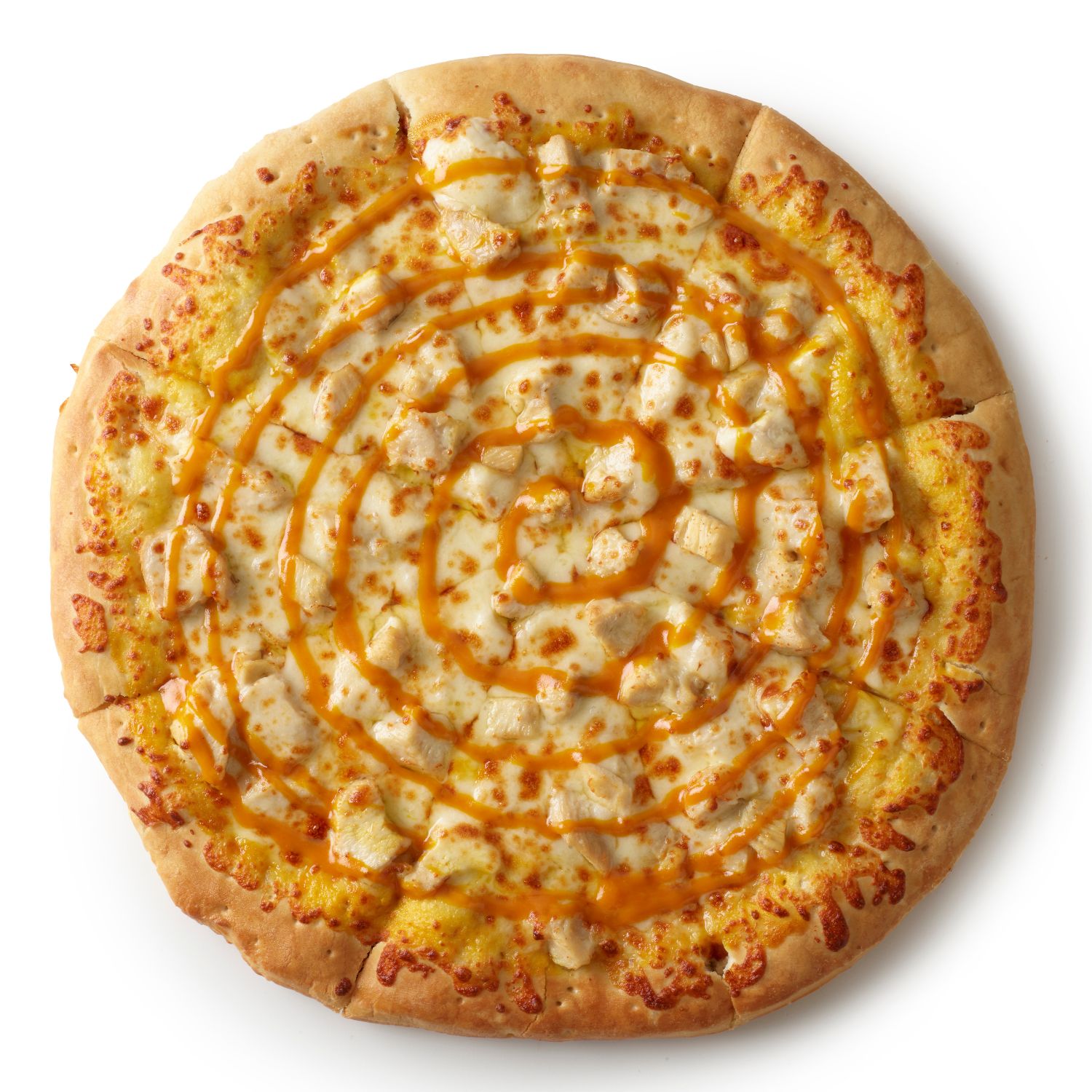 Top-down view of a chicken pizza with melted cheese and a spiral drizzle of honey barbecue sauce on a golden crust.