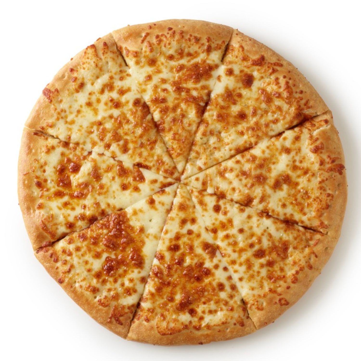 Top-down view of a sliced garlic pizza with melted mozzarella on a golden-brown crust.