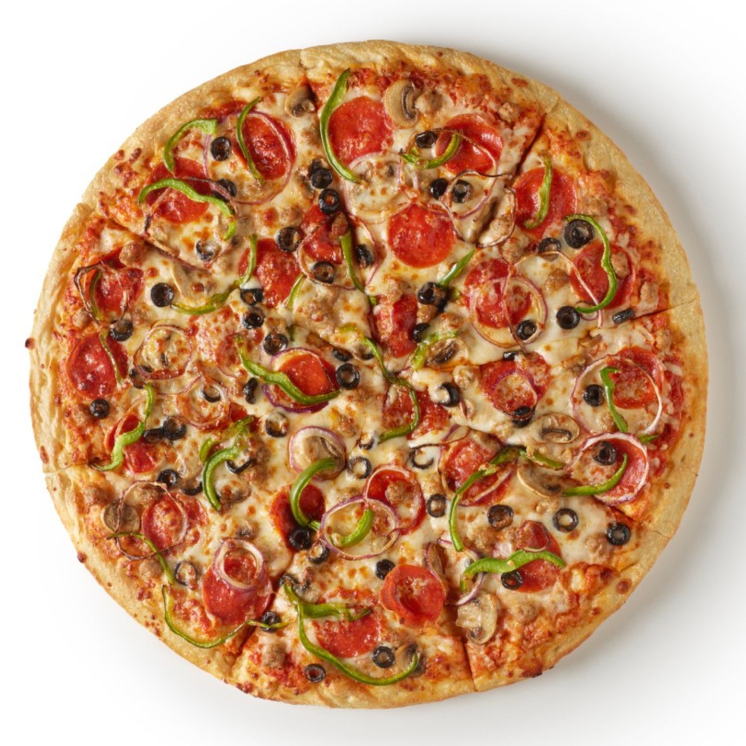Top-down view of a supreme pizza topped with pepperoni, mushrooms, green peppers, red onions, black olives, and melted cheese.