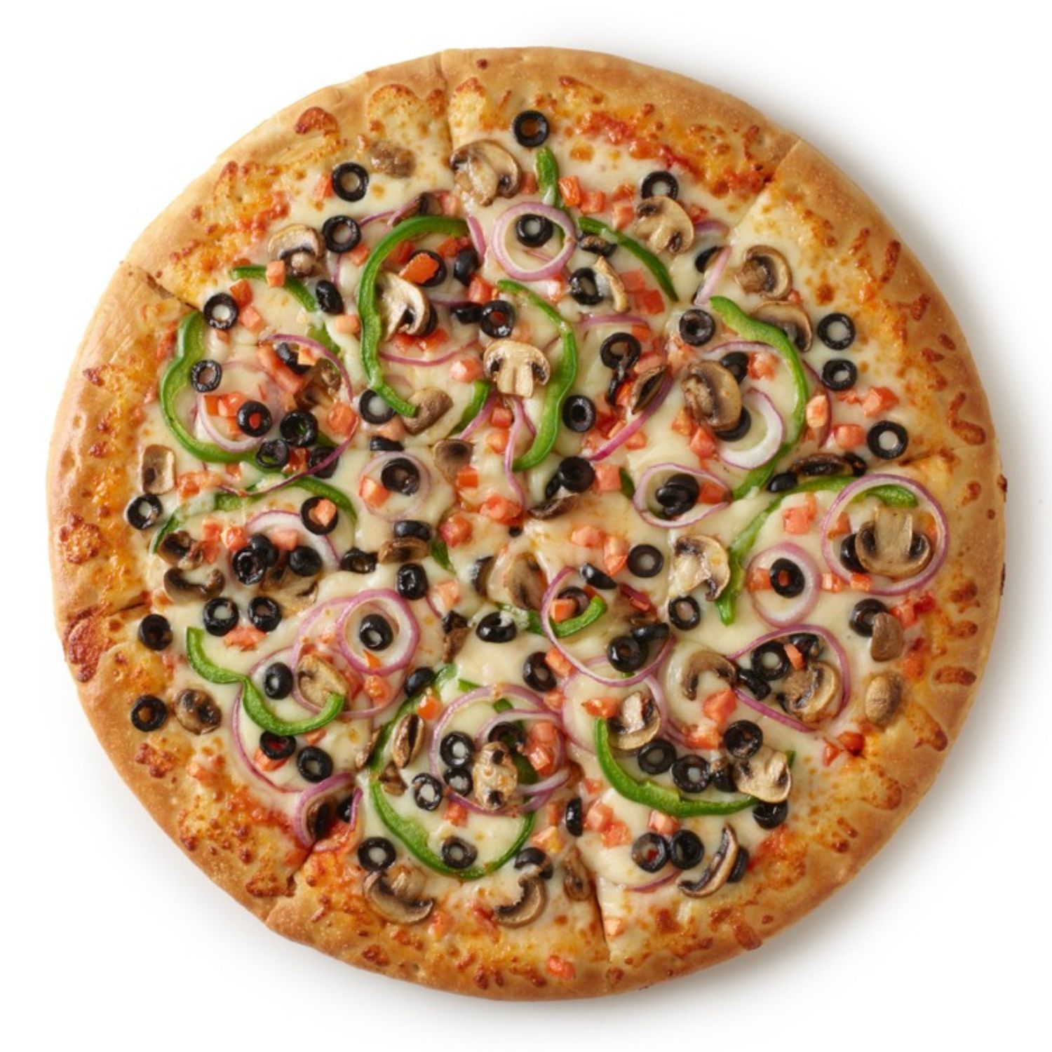 Top-down view of a vegetable pizza with mushrooms, black olives, green peppers, red onions, and melted cheese on a golden crust.